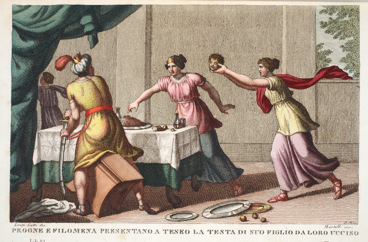 Procne, Philomela og Tereus Driven Insane eller Progne og Filomena presenterer for Theseus hodet til hans sønn av Loro Killed, bok VI, illustrasjon fra Ovids Metamorphoses, Firenze, 1832 (håndfarge) av Luigi Ademollo