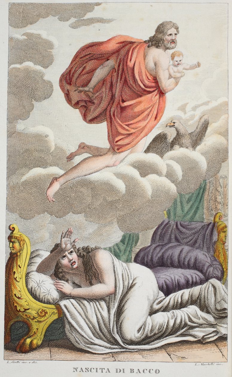 Semele er Thunderstruck eller Nascita de Bacco, illustrasjon fra Ovids Metamorphoses, Firenze, 1832 (håndfarget gravering) av Luigi Ademollo
