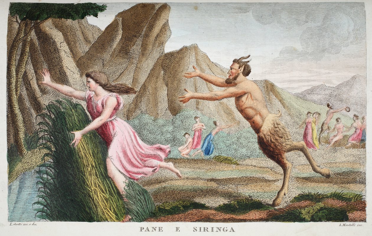 Syrinx into a Reed or Pane e Siringa, bok I, illustrasjon fra Ovid