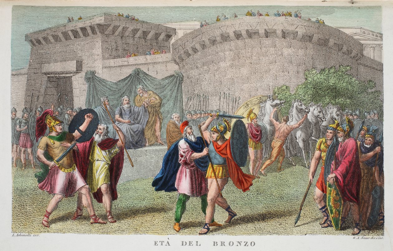 Bronsealderen eller Eta del Bronzo, bok I, illustrasjon fra Ovids Metamorphoses, Firenze, 1832 (håndfarget gravering) av Luigi Ademollo