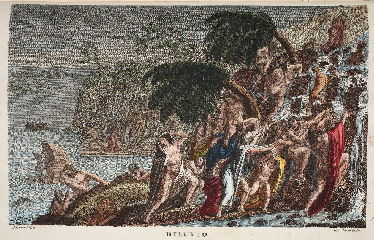 The Flood or Diluvio, bok I, illustrasjon fra Ovids Metamorphoses, Firenze, 1832 (håndfarget gravering) av Luigi Ademollo