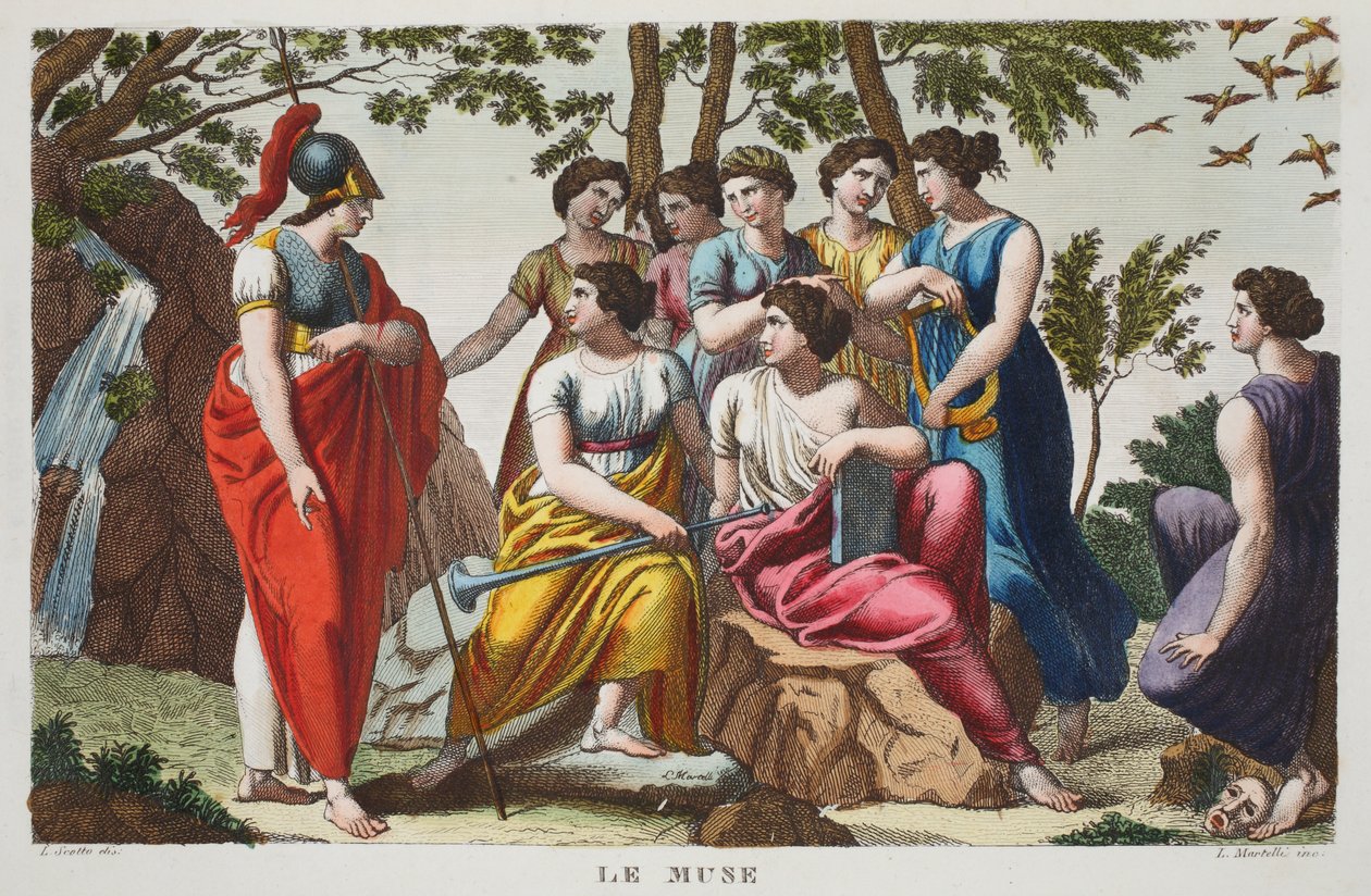 Musene eller Le Muse, bok V, illustrasjon fra Ovids metamorfoser, Firenze, 1832 (håndfarget gravering) av Luigi Ademollo