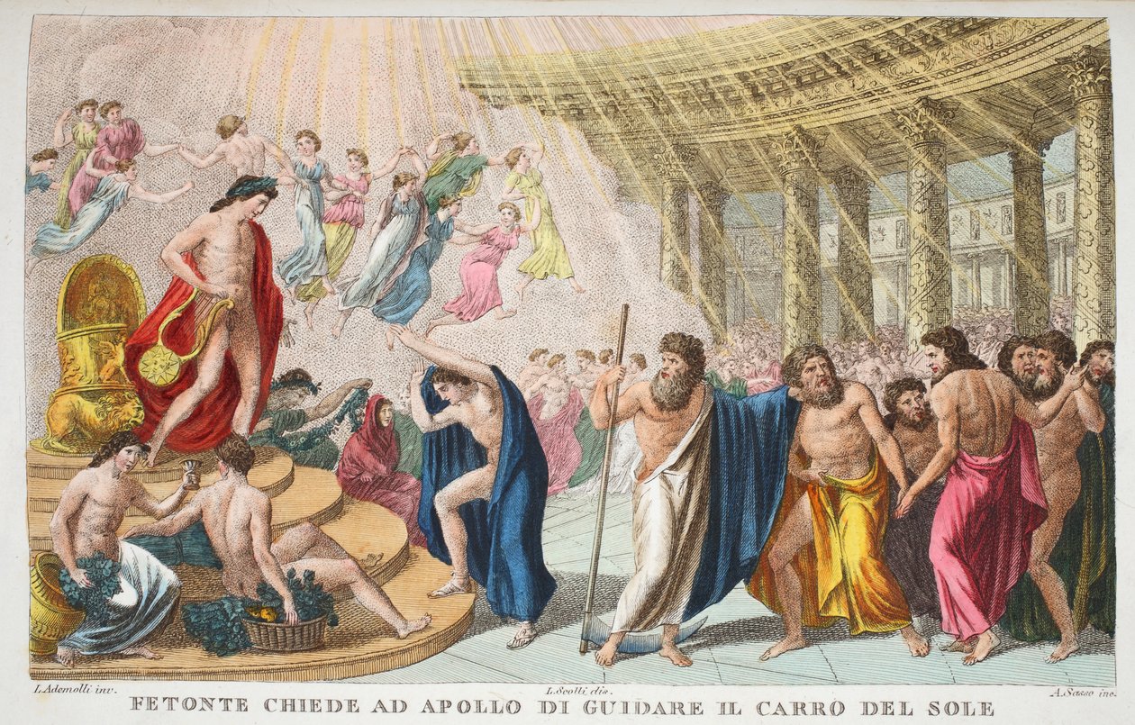 The Palace of the Sun eller Phaeton ber Apollo om å kjøre solvognen, bok II, illustrasjon fra Ovids Metamorphoses, Firenze, 1832 (håndfarget gravering) av Luigi Ademollo