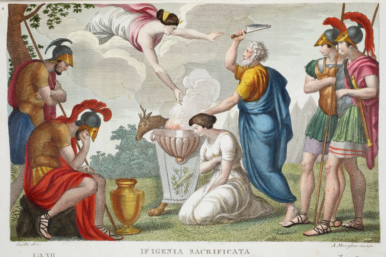 The Sacrifice of Iphigenia eller Ifigenia Sacrificata, bok XII, illustrasjon fra Ovids Metamorphoses, Firenze, 1832 (håndfarget gravering) av Luigi Ademollo