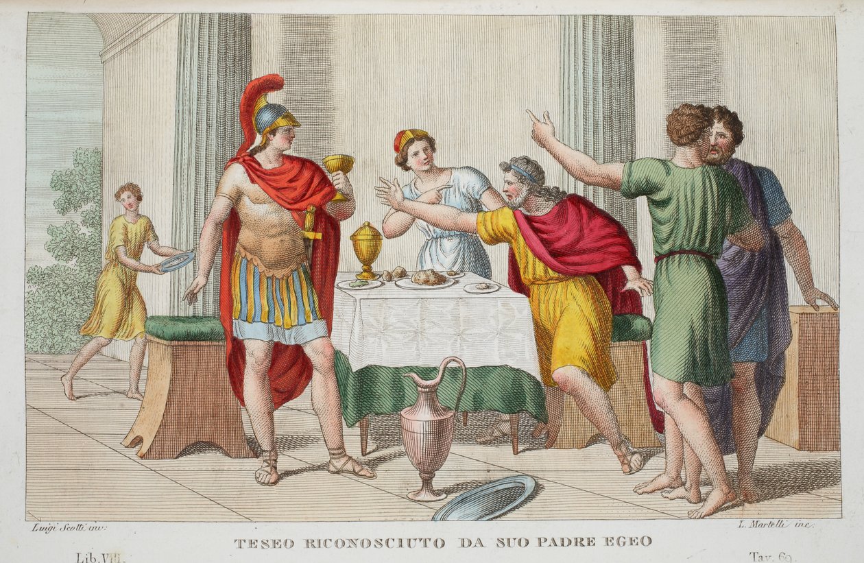 Theseus Recognized eller Teseo Riconosciuto da Suo Padre Egeo, Bok VII, illustrasjon fra Ovids Metamorphoses, Firenze, 1832 (håndfarget gravering) av Luigi Ademollo