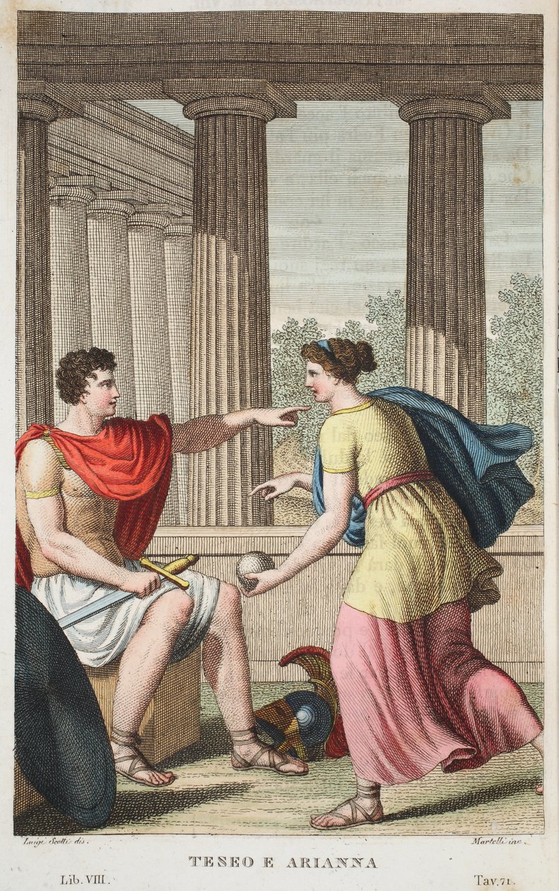 Theseus og Ariadne eller Terro e Arianna, bok VIII, illustrasjon fra Ovids Metamorphoses, Firenze, 1832 (håndfarget gravering) av Luigi Ademollo
