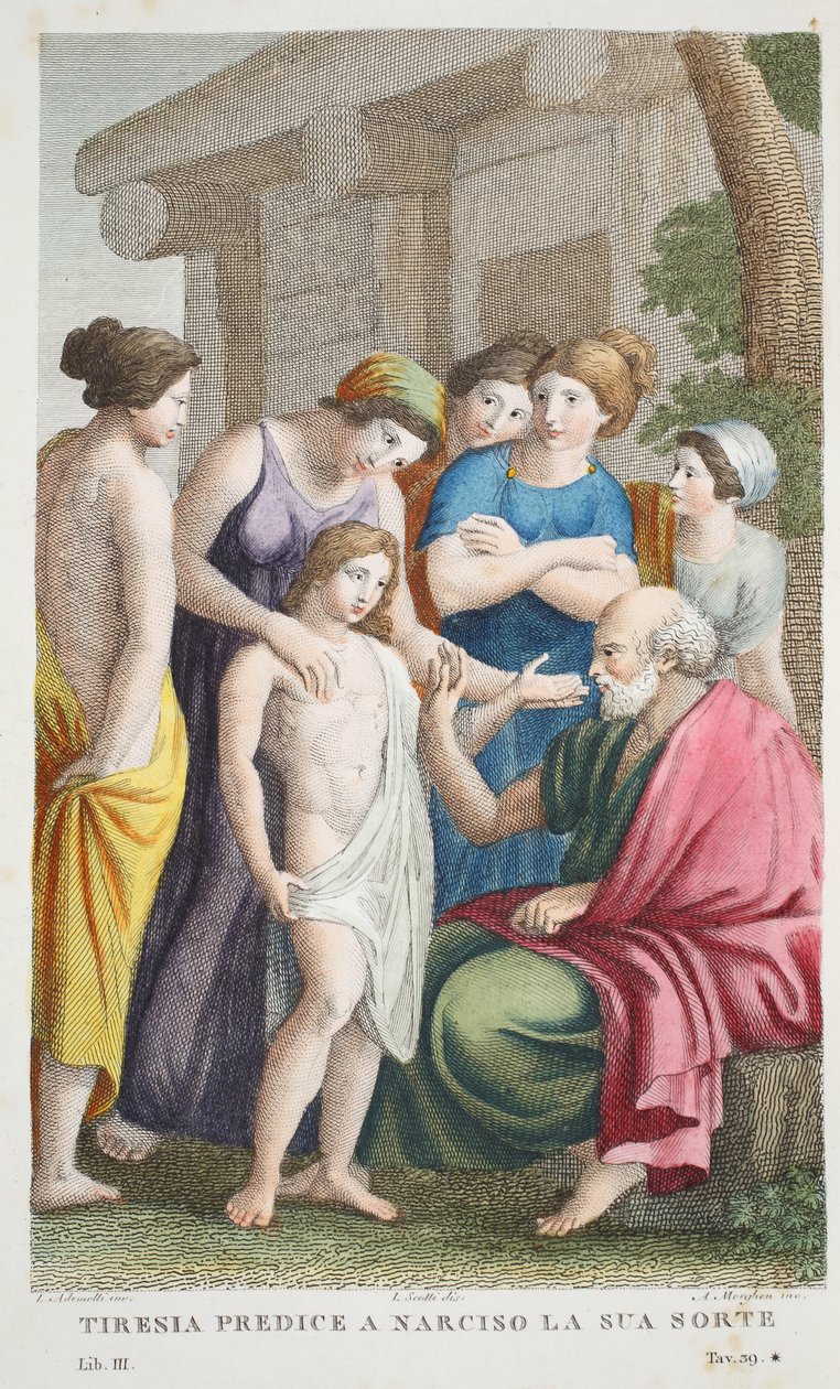 Tiresias Prophecies eller Tirrenia predice a Narciso la sua sorte, bok III, illustrasjon fra Ovids Metamorphoses, Firenze, 1832 (håndfarget gravering) av Luigi Ademollo