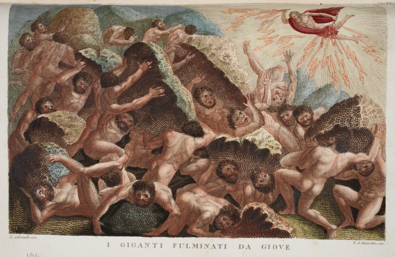 War of the Giants against Jove or I Giganti Fulminati da Giove, bok I, illustrasjon fra Ovids Metamorphoses, Firenze, 1832 (håndfarget gravering) av Luigi Ademollo