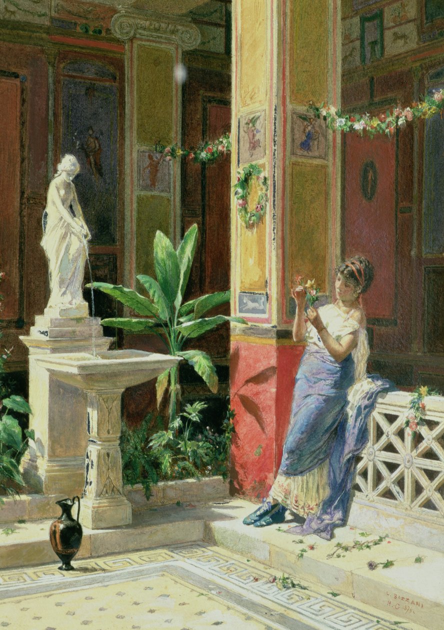 I en gårdsplass i Pompeii, 1878 (blyant og wc på papir) av Luigi Bazzani