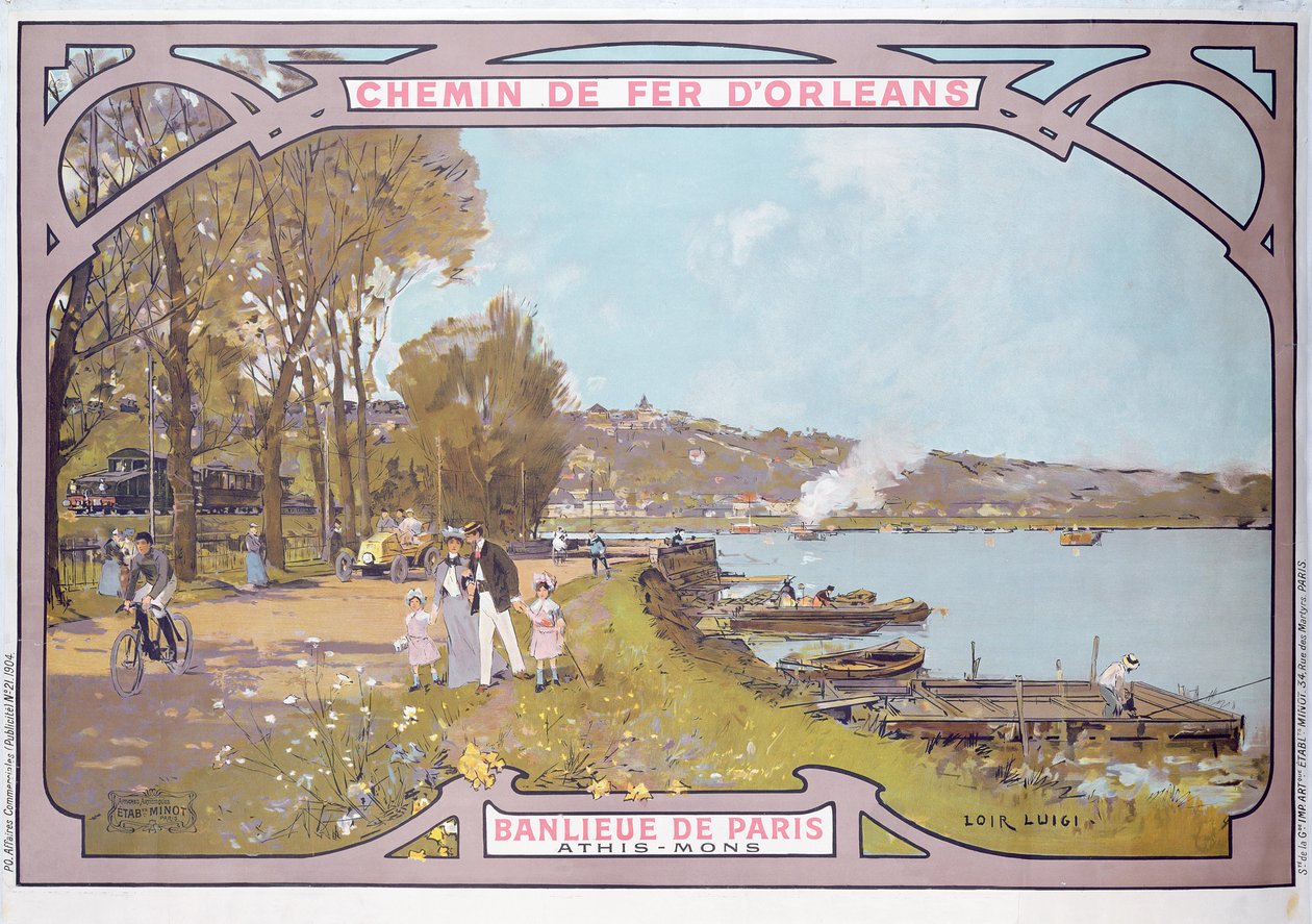 Plakat som reklamerer for attraksjonene ved et besøk i den parisiske forstaden Athis-Mons med "Chemins de Fer d