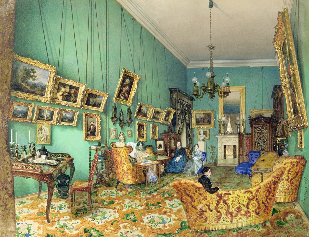 Interiør i en stue, 1847 (akvarell og hvit farge på papir) av Luigi Premazzi