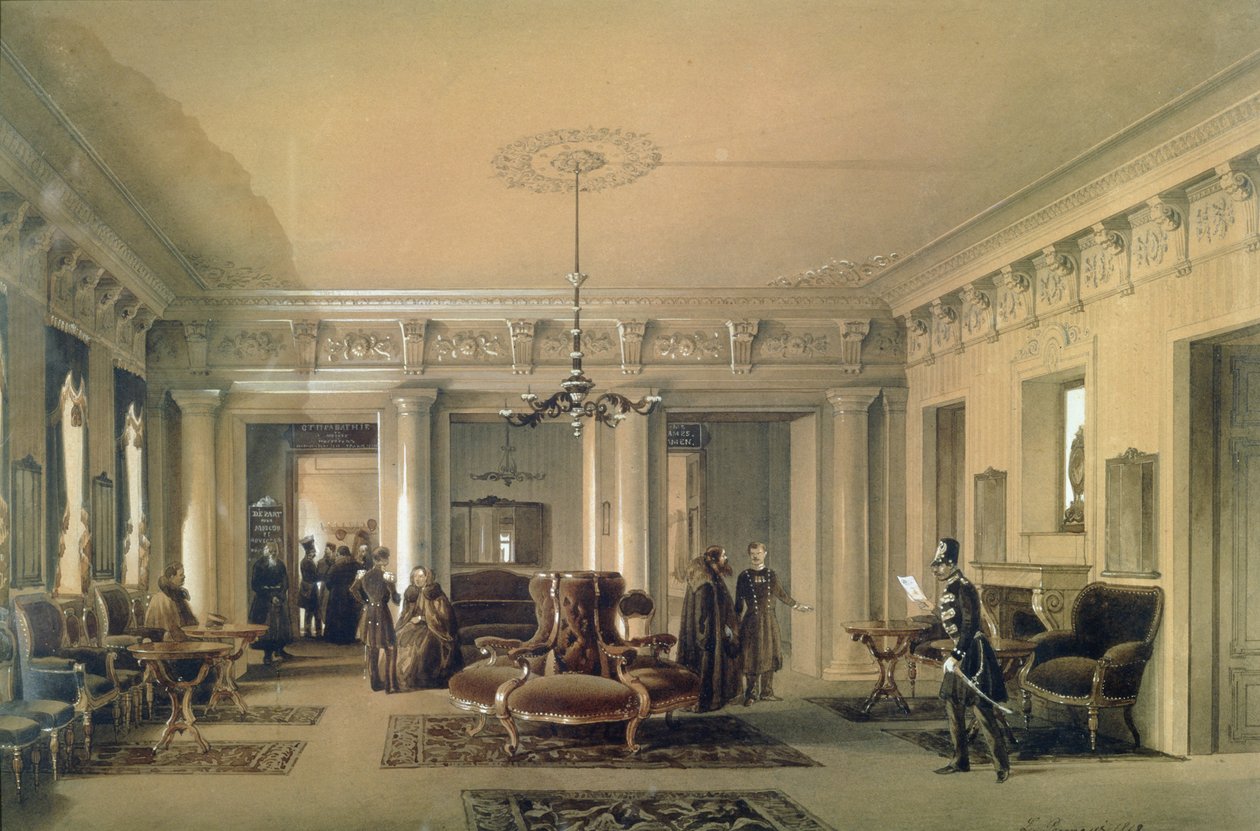 Venterommet på Stagecoach Station i St. Petersburg, 1848 (wc und gouache på papir) av Luigi Premazzi