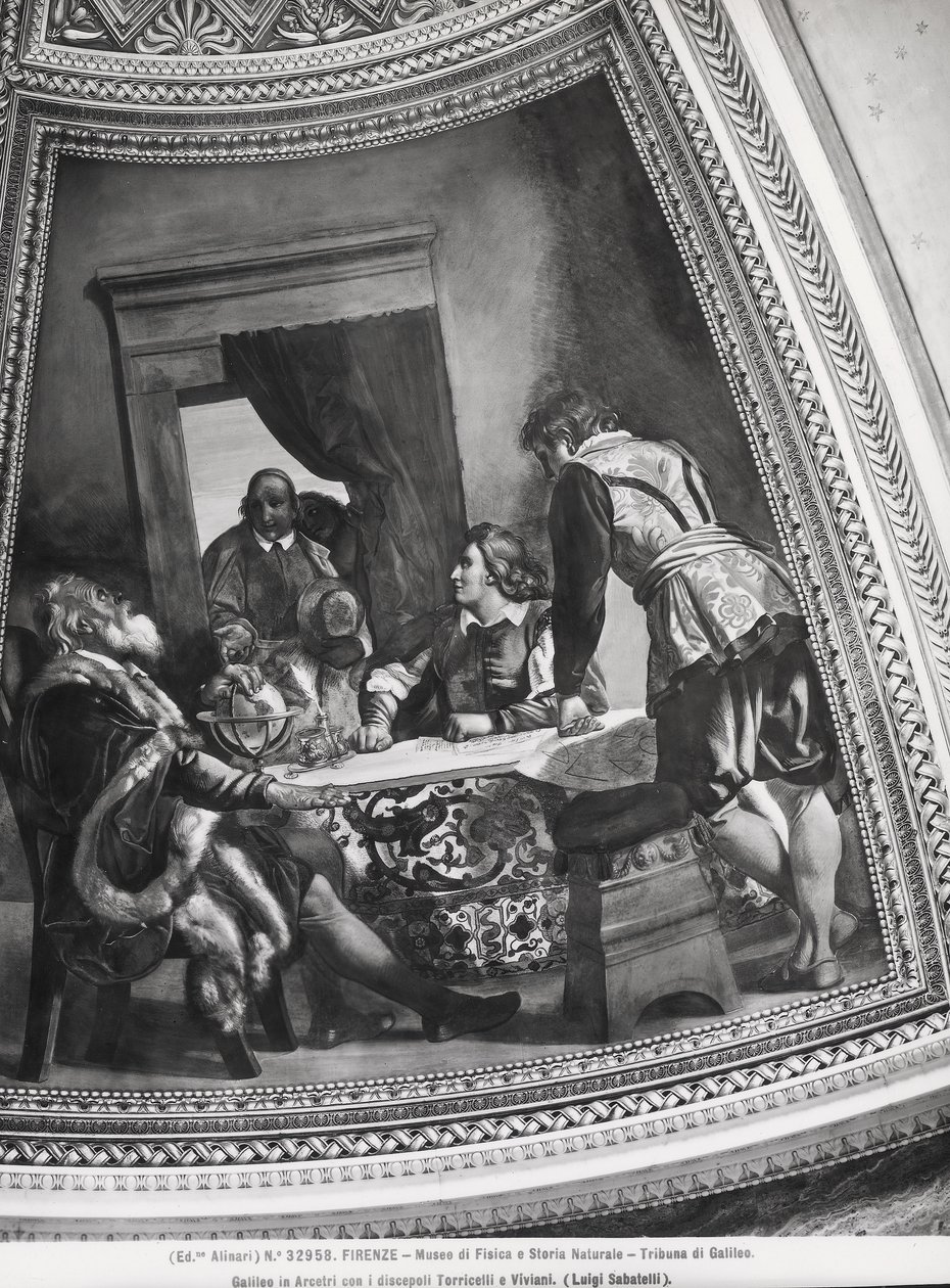 Galileo Galilei (1564-1642) i Arcetri med sine elever, Evangelista Torricelli (1608-47) og Vincenzo Viviani (1622-1703) fra Tribune of Galileo av Luigi Sabatelli