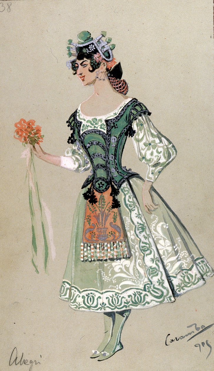 Kostymedesign for Barbarina, fra "The Marriage of Figaro" av Wolfgang Amadeus Mozart, 1905 av Luigi Sapelli Caramba