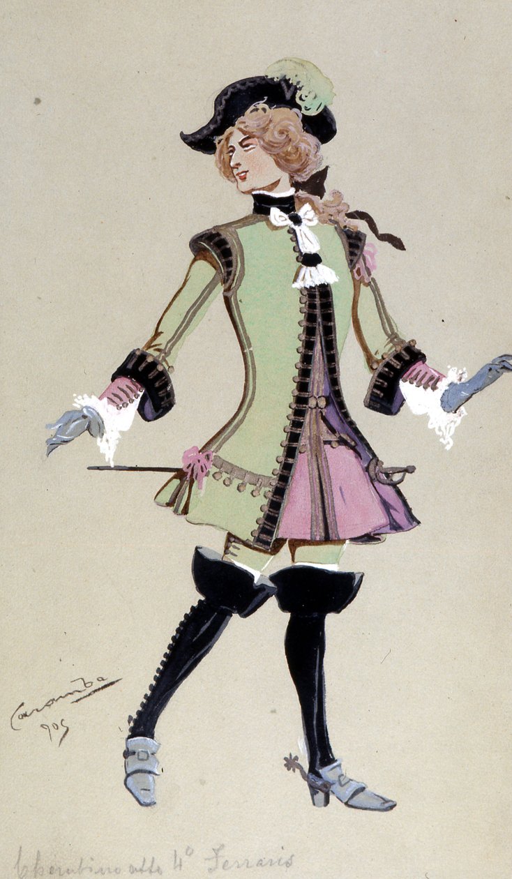 Kostymedesign for Cherubino, fra The Marriage of Figaro av Wolfgang Amadeus Mozart, 1905 av Luigi Sapelli Caramba