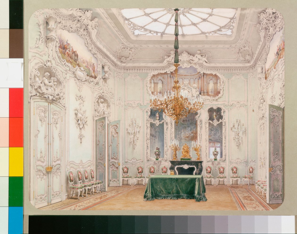 Interiør i vinterpalasset (Palais d'hiver a Saint Petersbourg) - Den grønne spisesalen - Akvarell på papir av Luigi Premazzi (1814-1891) av Luigi Premazzi