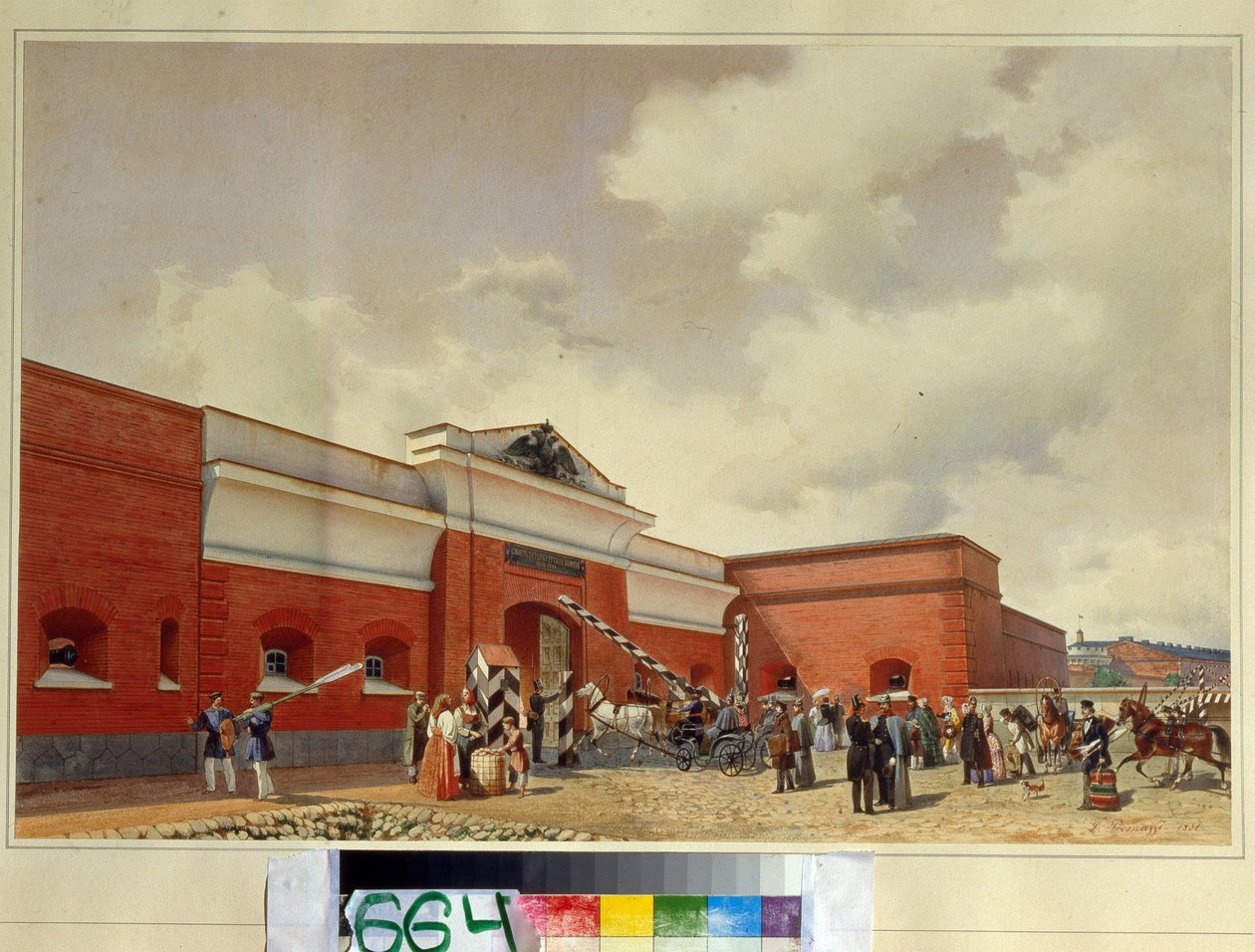 Sjøfestningen Kronstadt. Saint Petersburg Gate. (Sjøfestningen Kronstadt. St. Petersburg-porten). Verk av Luigi Premazzi (1814-1891), akvarell på papir av Luigi Premazzi