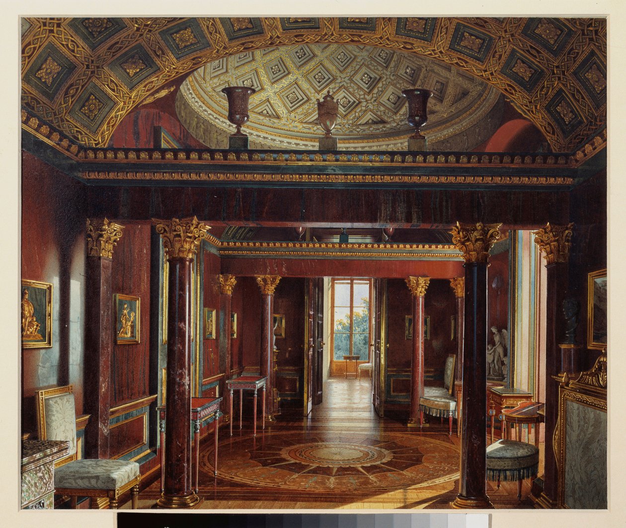 The Agate (Agate) Room (eller Jasper Cabinet), i Grand Palace of Tsarkoye Selo. Verk av Luigi Premazzi (1814-1891), akvarell på papir av Luigi Premazzi