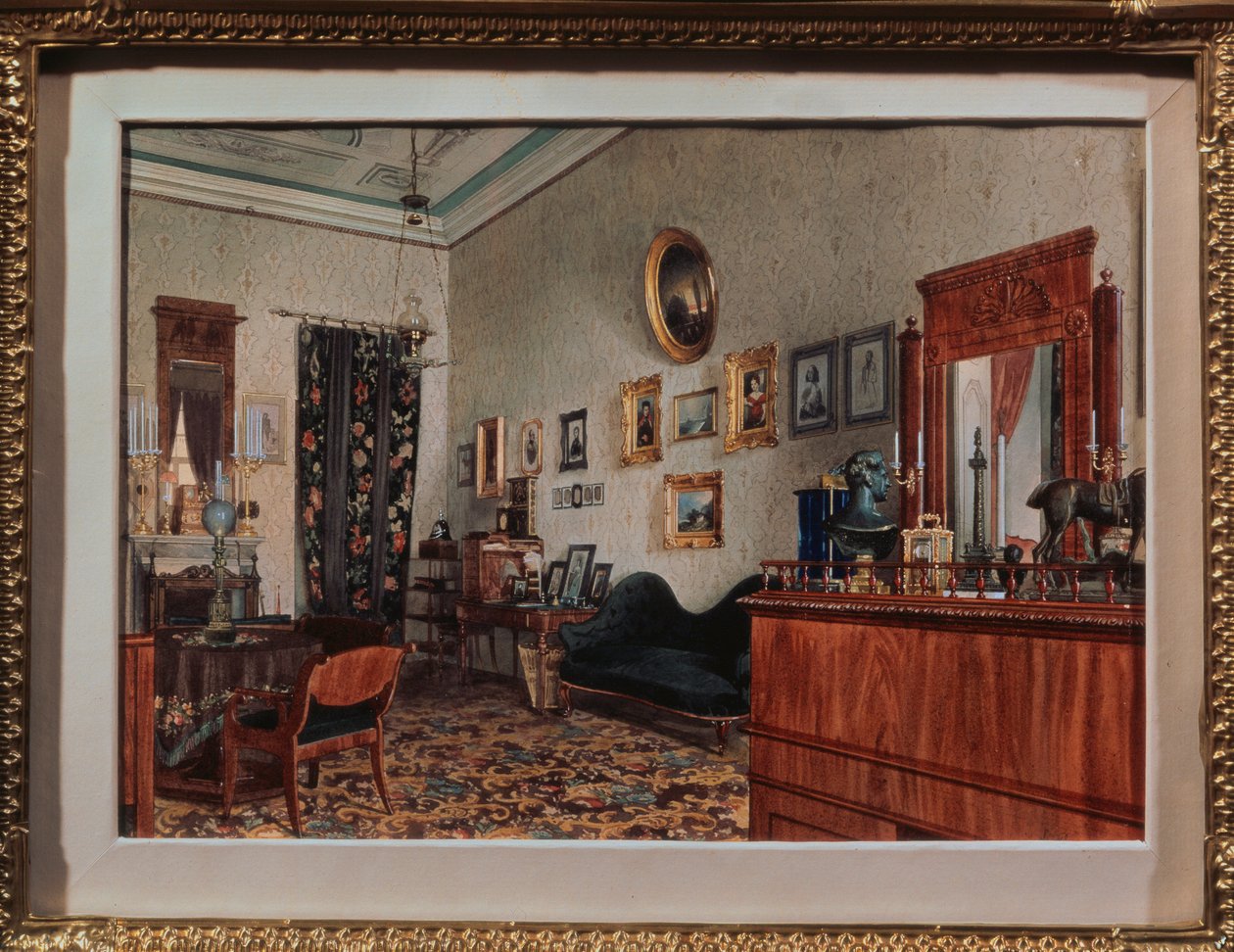 Michail Obreskovs arbeidsrom. Verk av Luigi Premazzi (1814-1891), akvarell på papir av Luigi Premazzi