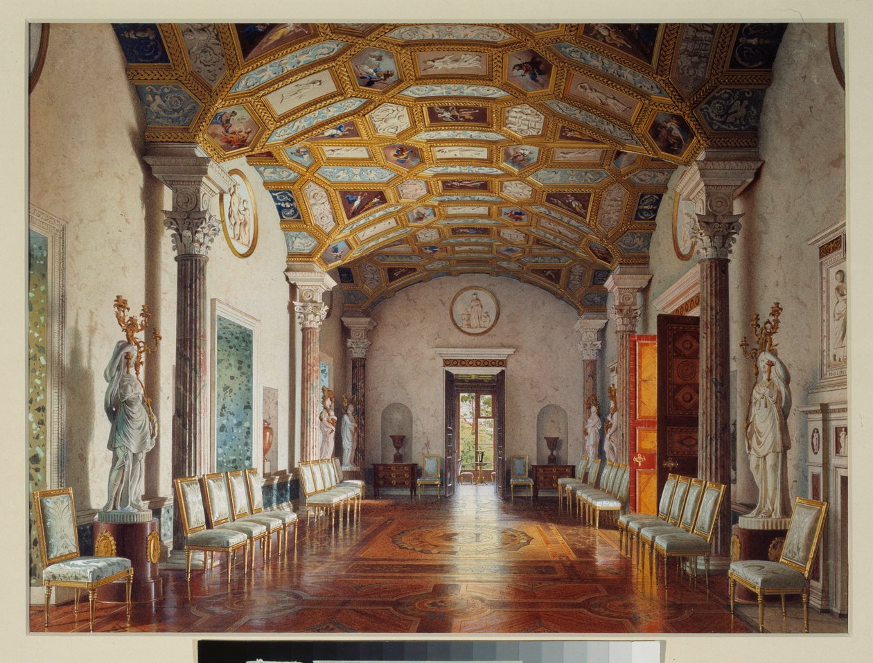 Den store salen av agat (agathe) i det store palasset til Tsarkoye Selo. Verk av Luigi Premazzi (1814-1891), akvarell på papir av Luigi Premazzi