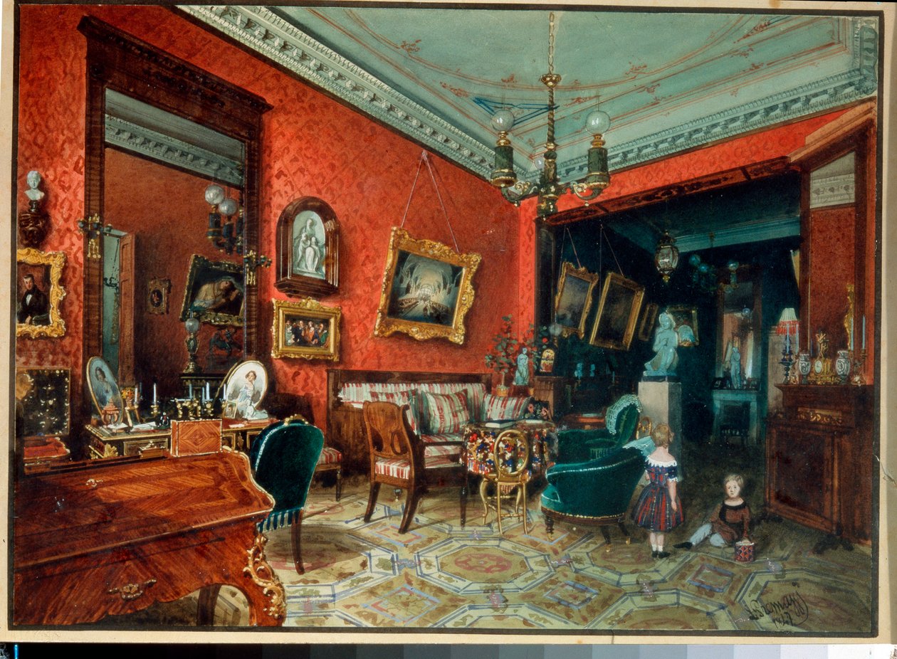 ""Stuen"" (Salle de sejour) To barn som leker i stuen - Akvarell av Luigi Premazzi (1814-1891), ca. 1840 Privat samling av Luigi Premazzi