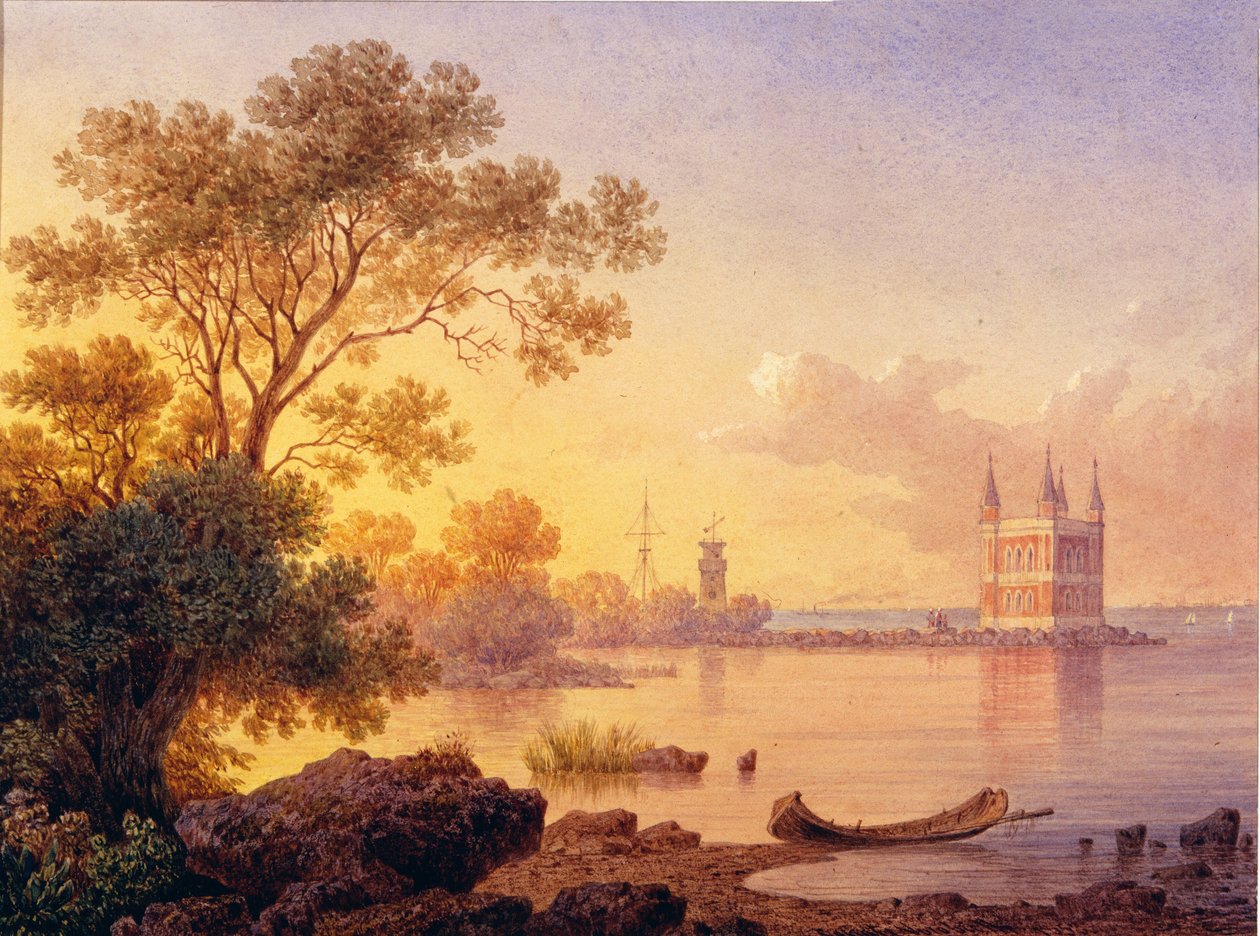 Utsikt over den rosa paviljongen (Ozerki) i Peterhof (Saint Petersburg). Verk av Luigi Premazzi (1814-1891), akvarell på papir. Italiensk kunst fra 1800-tallet, akademiisme. Statens friluftsmuseum Peterhof, St. Petersburg. av Luigi Premazzi
