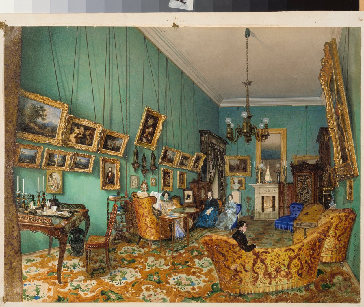 Interiør i en stue. (beskrivelse av russisk dekor og møbler på 1800-tallet). Verk av Luigi Premazzi (1814-1891), akvarell på papir av Luigi Premazzi