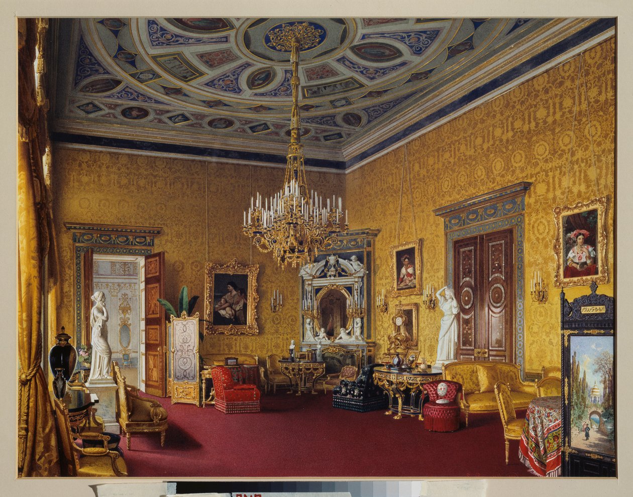 Lyons-hallen (den gule tegnehallen) i det store palasset i Tsarkoye Selo (Russland). Verk av Luigi Premazzi (1814-1891), akvarell på papir av Luigi Premazzi