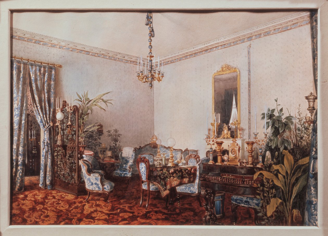Tegnestuen i Varvara Obreskova-huset. Verk av Luigi Premazzi (1814-1891), akvarell på papir av Luigi Premazzi