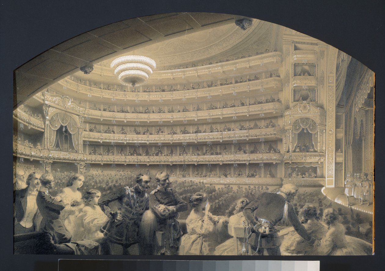 Auditoriet til Bolchoi Kammeny keiserlige teater, i St. Petersburg. Kunstverk av Luigi Premazzi (1814-1891), akvarell og hvitt på papir, ca. 1850. Italiensk kunst av Luigi Premazzi