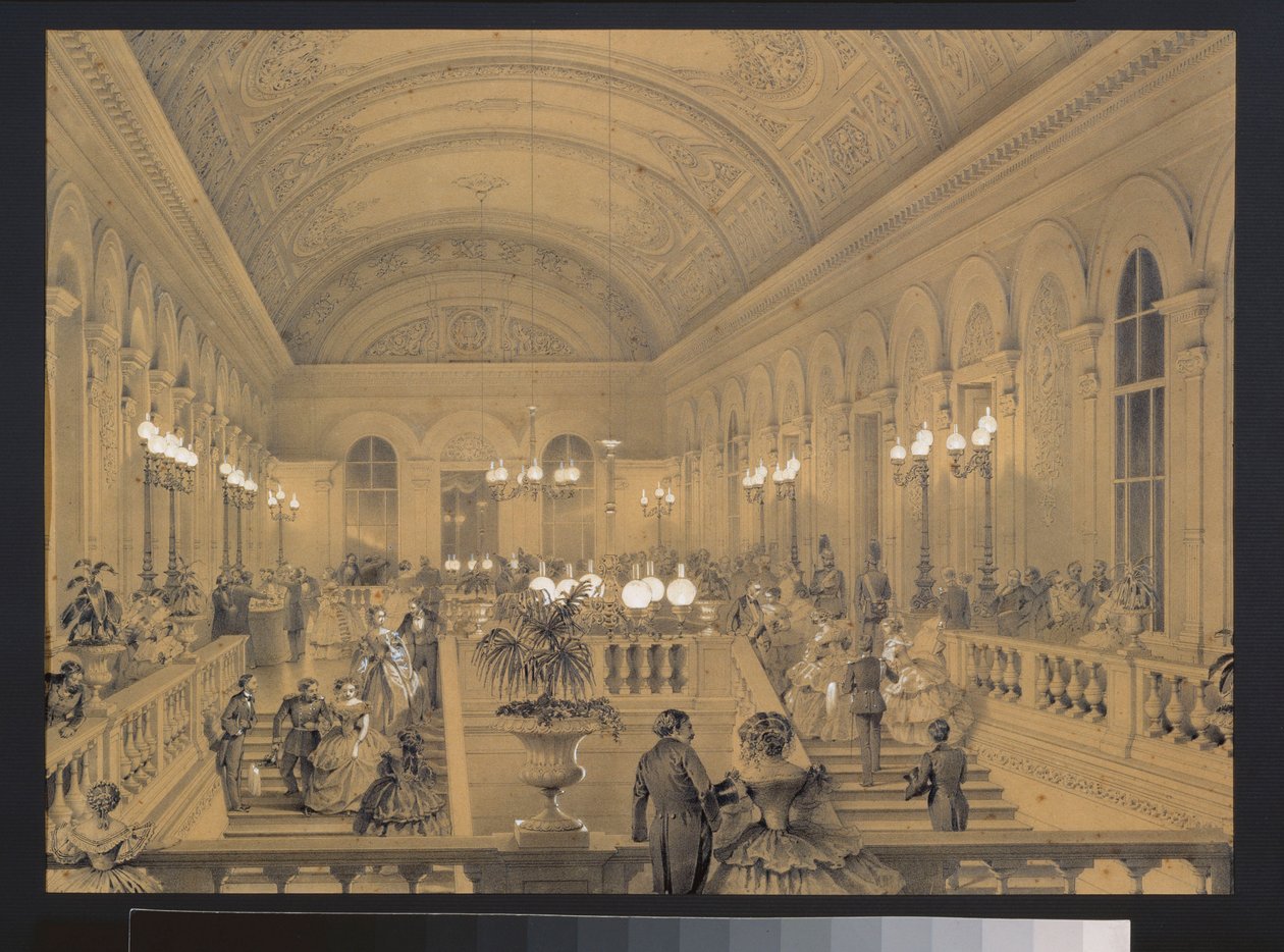Trappen til Imperial Theatre Bolchoi Kammeny, i St. Petersburg. Kunstverk av Luigi Premazzi (1814-1891), akvarell og hvitt på papir, ca. 1850. Italiensk kunst av Luigi Premazzi