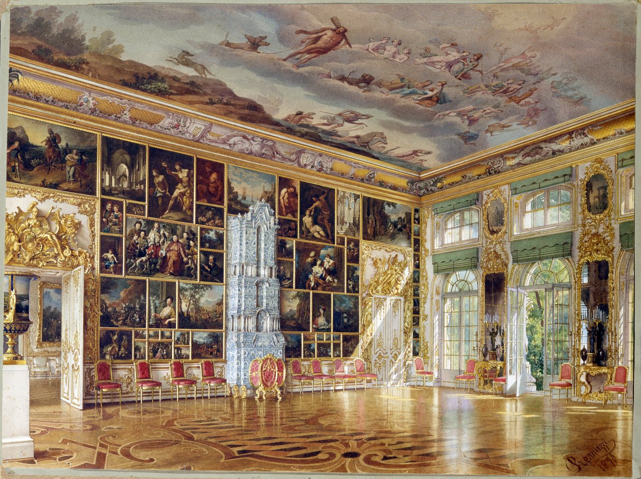 ""Kunstgallerihallen i Tsarskoye Selo-palasset"" av Ludwig (Luigi) Premazzi (1814-1891), Akvarell på papir av Luigi Premazzi