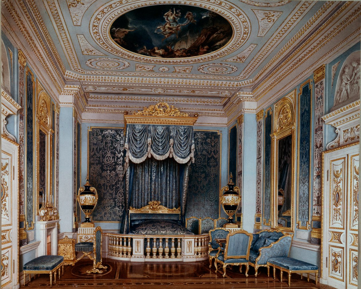 Utsikt over soverommet til tsar Alexander II (1818-1881) ved Gatchina Palace Trykk av Luigi Premazzi (Ludwig Osipovich) (1814-1891) St. Petersburg fra 1800-tallet, Hermitage-museet av Luigi Premazzi