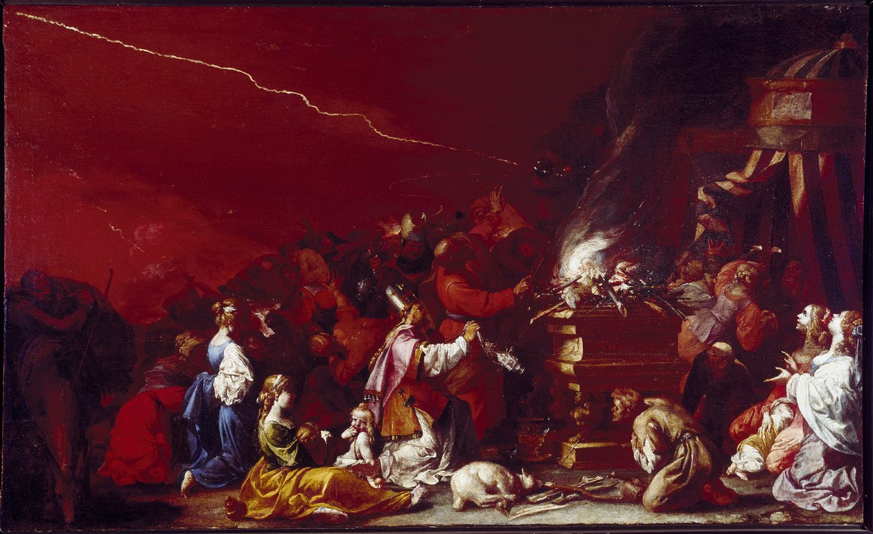 Offerscene Bibelfigurer grupperer seg rundt et alter. Et lam ligger ved foten av alteret. Maleri av Luigi Miradori dit Il Genovesino (ca. 1608-1655) Parma fra 1600-tallet, Galleria Nazionale av Luigi Miradori
