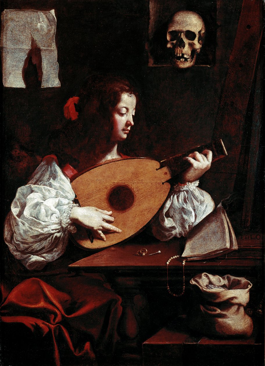 Lutespilleren I nærheten av partituret stilles to ringer, en nål og en hodeskalle (vanitas) legges på et stativ. Maleri av Luigi Miradori dit Il Genovesino (1600/10-1655/57) Galleria di Palazzo Rosso Genes Italia fra 1600-tallet av Luigi Miradori