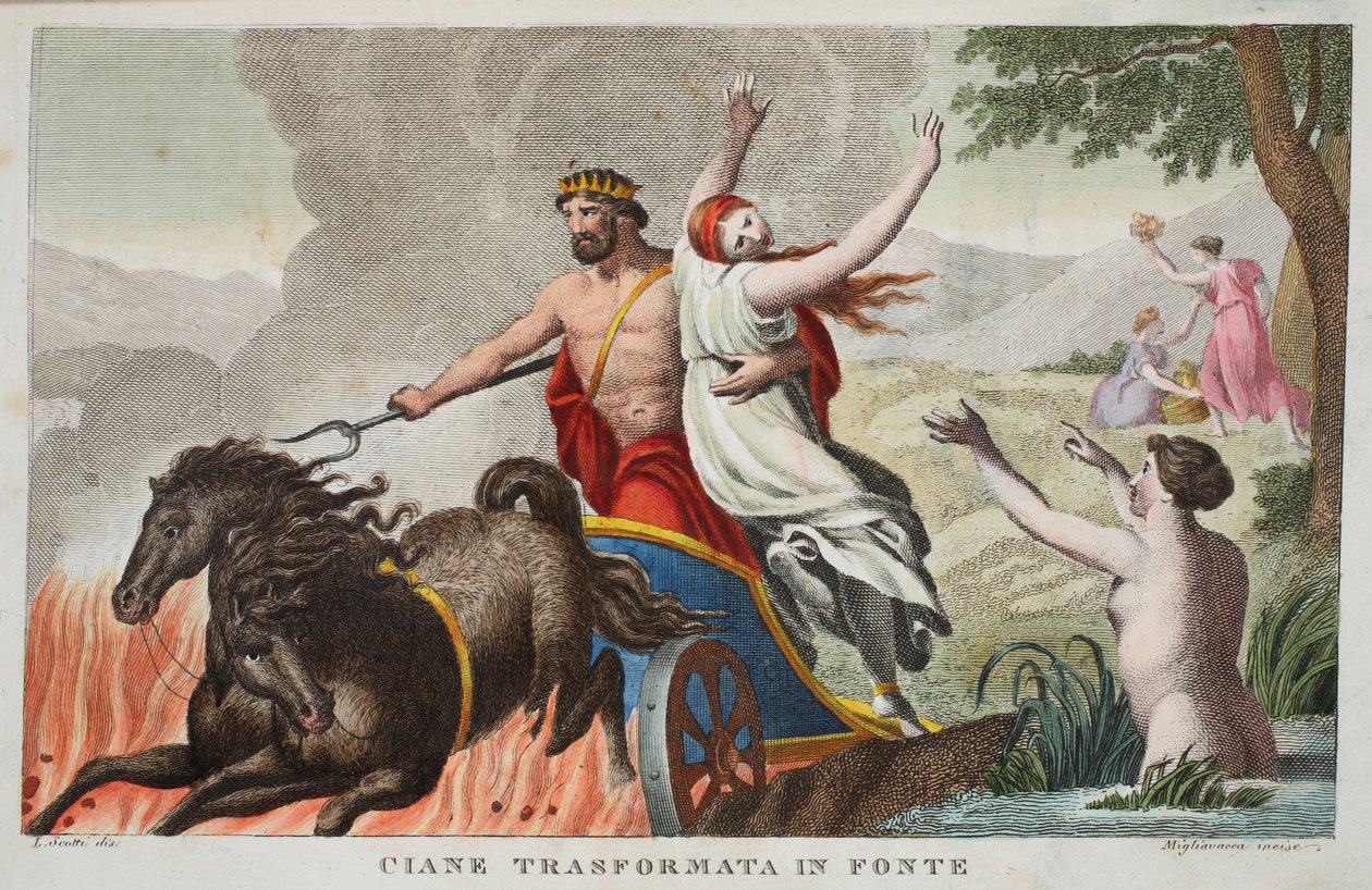 Cyane and the Rape of Proserpina eller Ciane Transformata i Fonte, Bok V, illustrasjon fra Ovids Metamorphoses, Firenze, 1832 (håndfarget gravering) av Luigi Ademollo