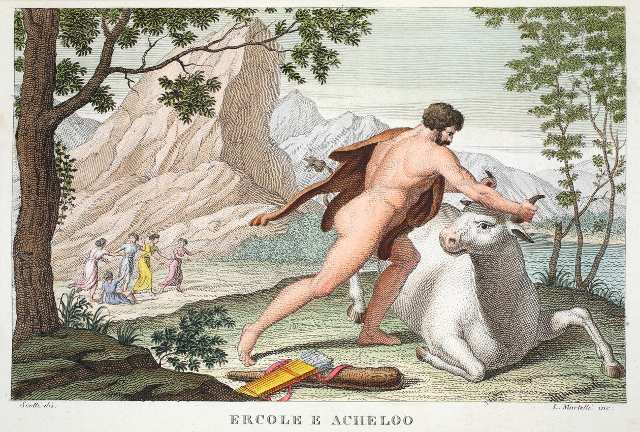 Hercules and Achelous eller Ercole e Acheloo, bok IX, illustrasjon fra Ovids Metamorphoses, Firenze, 1832 (håndfarget gravering) av Luigi Ademollo