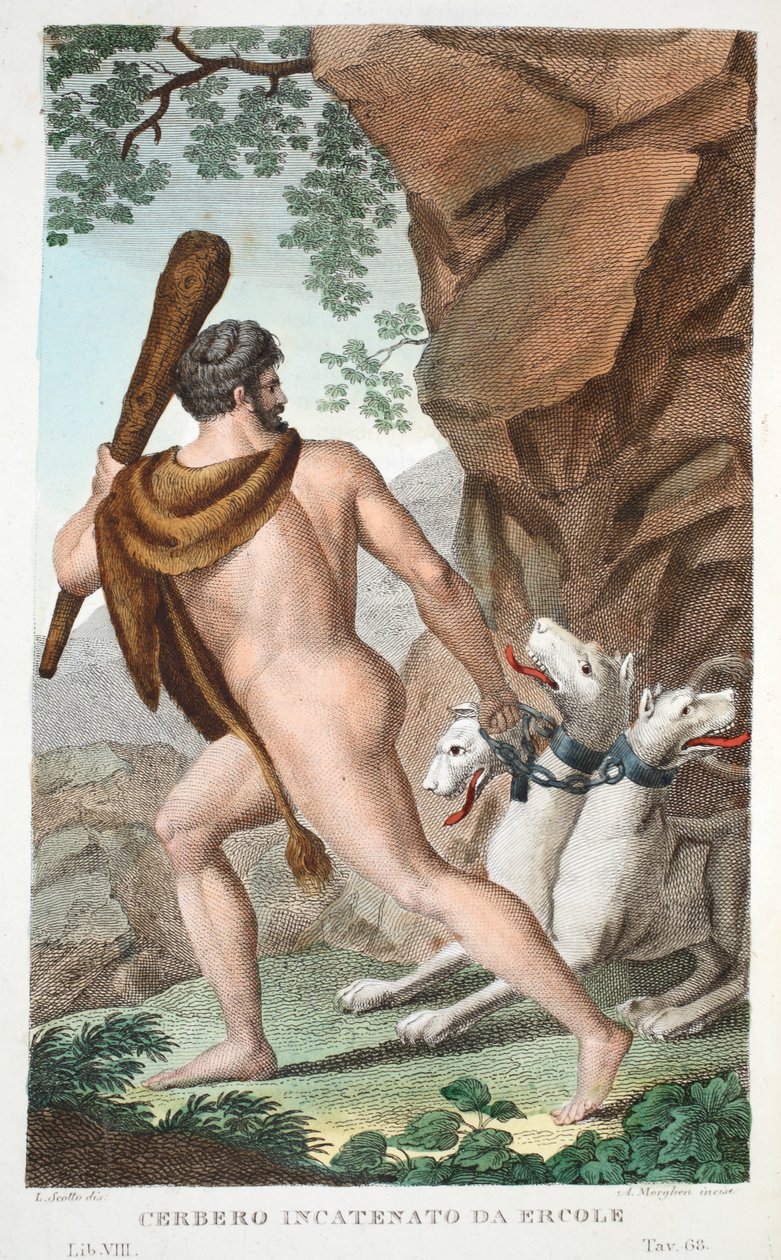 Hercules and Cerberus eller Cerbero Incatenato da Ercole, bok VII, illustrasjon fra Ovids Metamorphoses, Firenze, 1832 (håndfarget gravering) av Luigi Ademollo