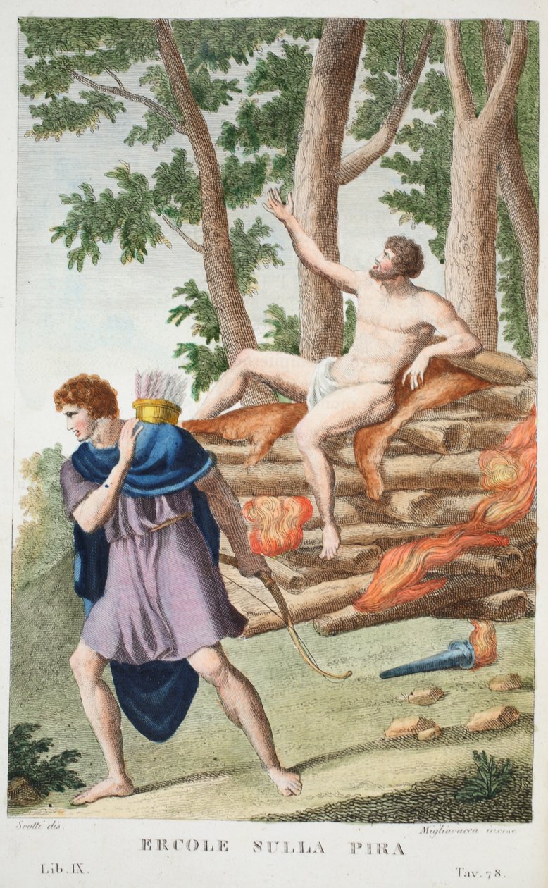 Hercules on the Pyre eller Ercole sulla Pira, bok IX, illustrasjon fra Ovids Metamorphoses, Firenze, 1832 (håndfarget gravering) av Luigi Ademollo