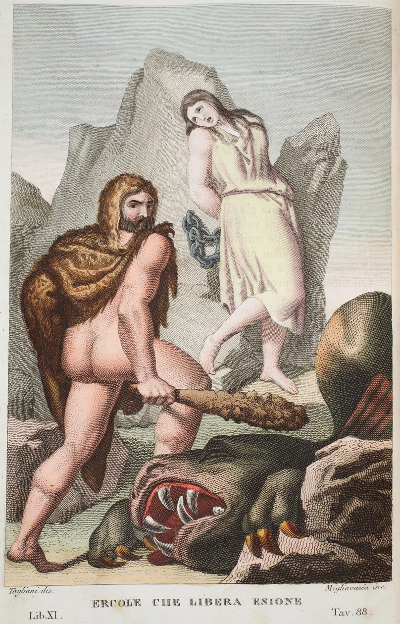 Hercules redder Hesione eller Ercole che Libera Enione, bok XI, illustrasjon fra Ovids Metamorphoses, Firenze, 1832 (håndfarget gravering) av Luigi Ademollo