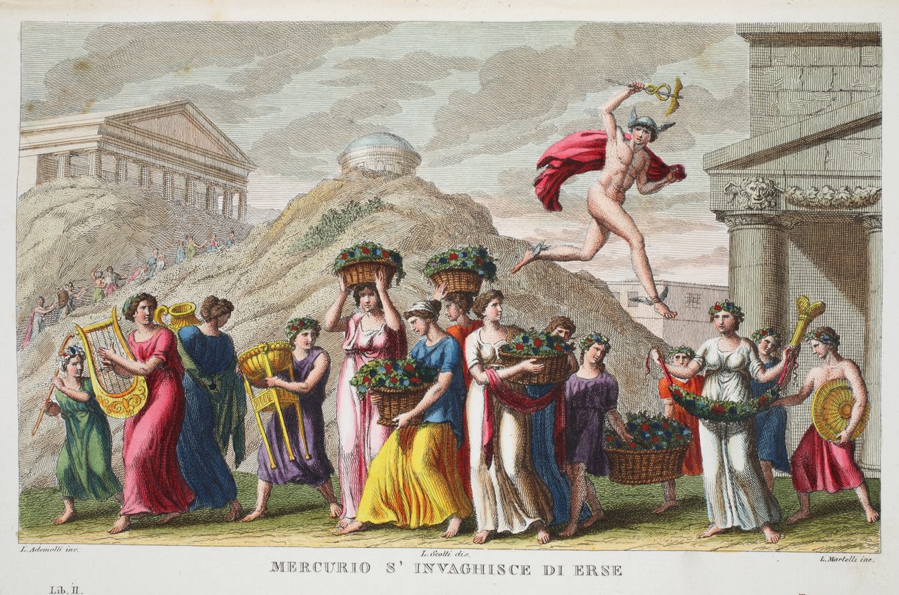 Mercury forelsker seg i Herse eller Mercurion s'invaghisce di Erse, illustrasjon fra Ovids Metamorphoses, Firenze, 1832 (håndfarget gravering) av Luigi Ademollo