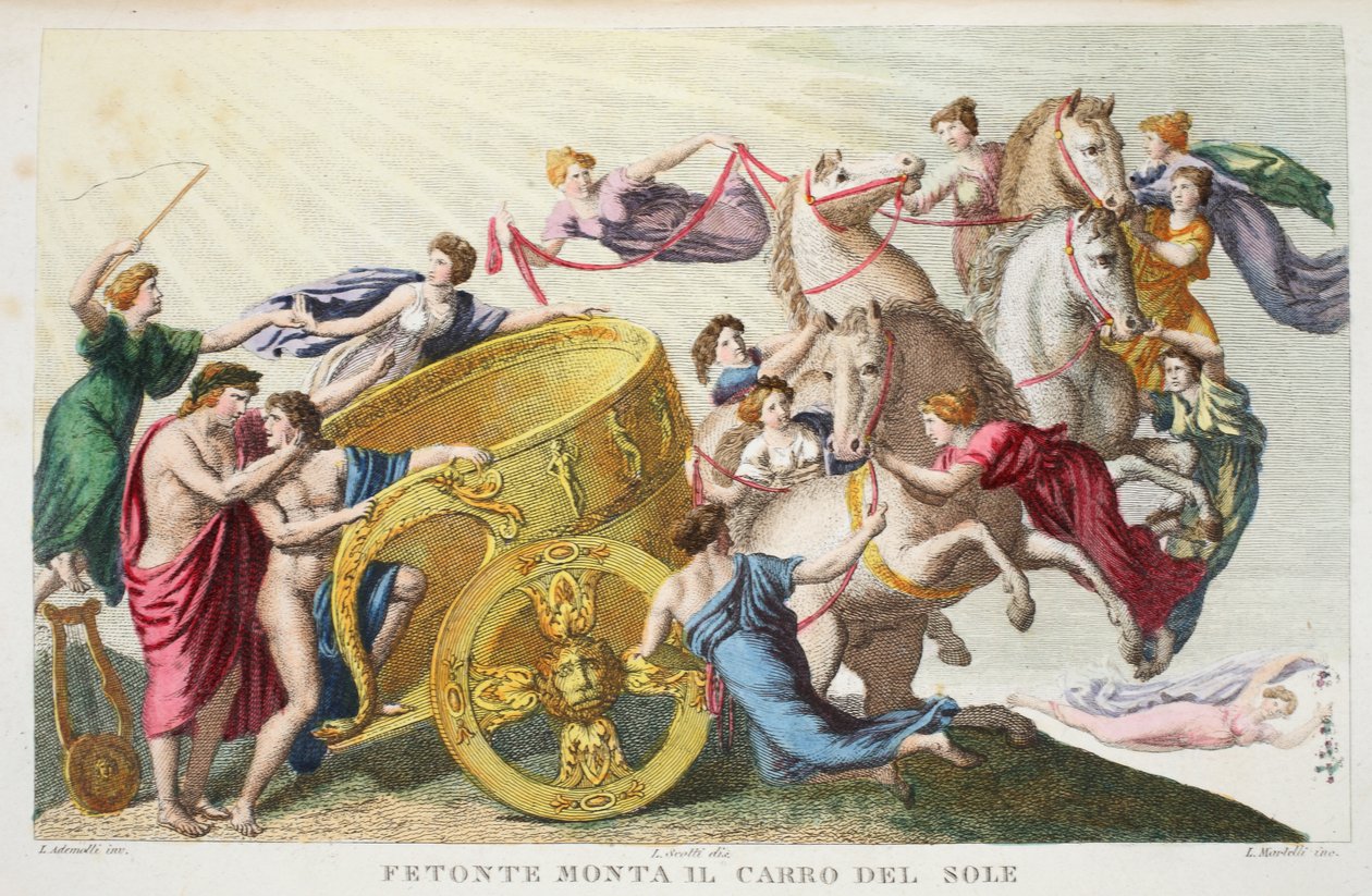 Phaeton Drives the Chariot of the Sun eller Fetonte Monta il Carro del Sole, bok II, illustrasjon fra Ovids Metamorphoses, Firenze, 1832 (håndfarget gravering) av Luigi Ademollo