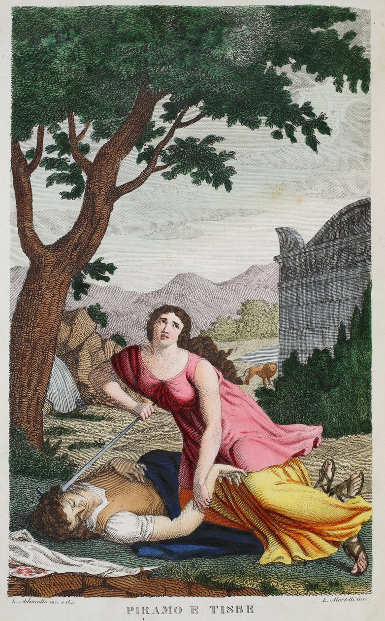 Pyramus og Thisbe eller Piramo e Tisbe, bok IV, illustrasjon fra Ovids Metamorphoses, Firenze, 1832 (håndfarget gravering) av Luigi Ademollo