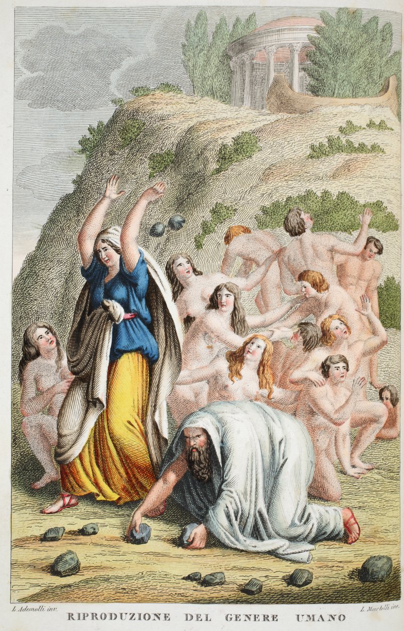 Restoration of the Human Race eller Riproduzione del Genere Umano, bok I, illustrasjon fra Ovids Metamorphoses, Firenze, 1832 (håndfarget gravering) av Luigi Ademollo