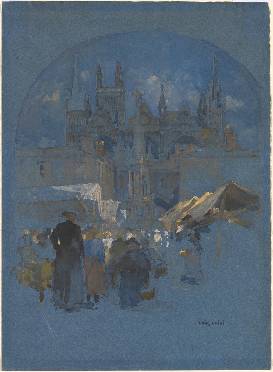 Et markedstorg foran en katedral av Luigi Aloys François Joseph Loir