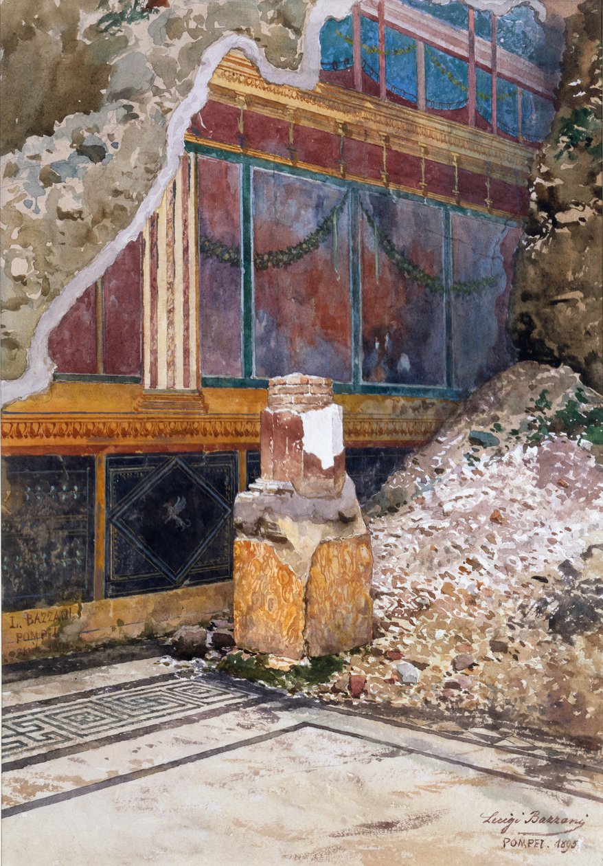 House of the Silver Wedding, skadet freskomaleri av girlandere, sett in situ under utgraving, Pompeii, 1897 av Luigi Bazzani