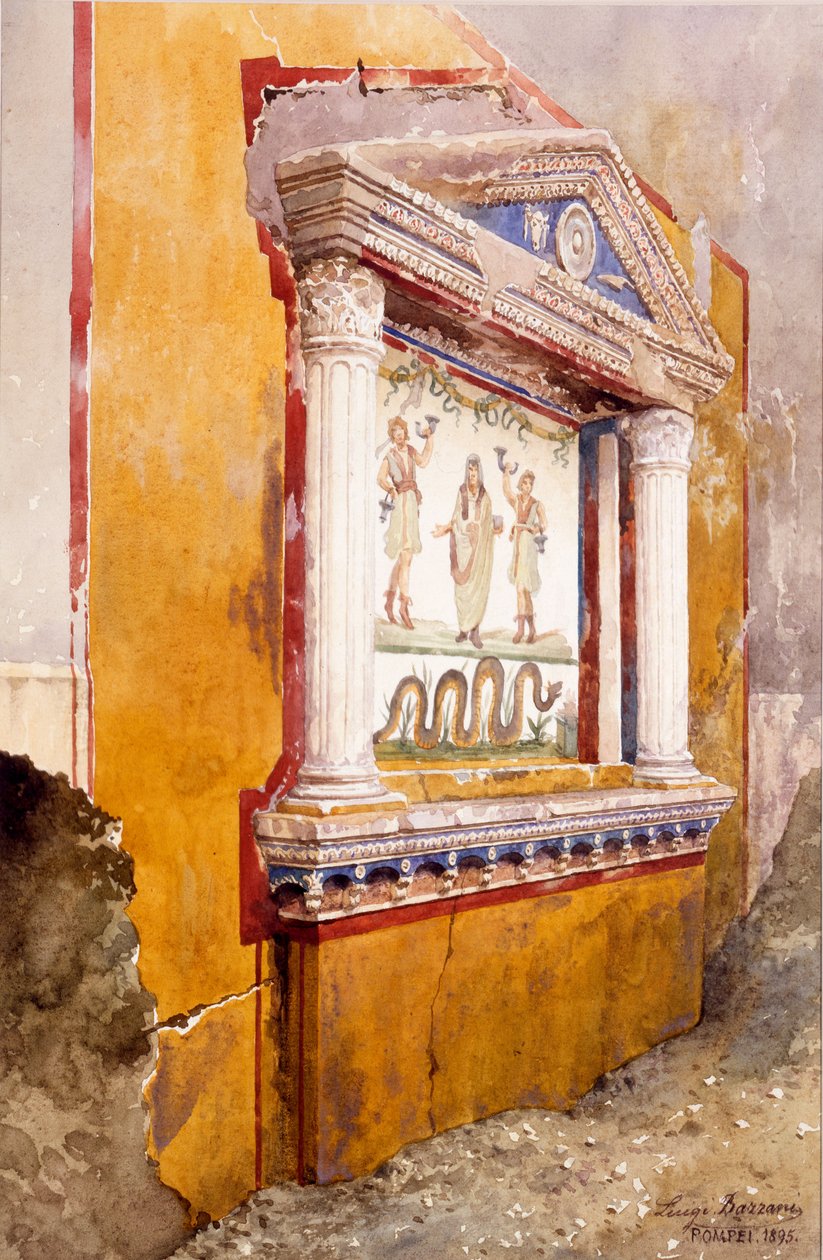 Lararium av familiealter, sett in situ etter utgraving, House of Aulus Vettius, Pompeii, ca. 36-39 AD, 1895 av Luigi Bazzani