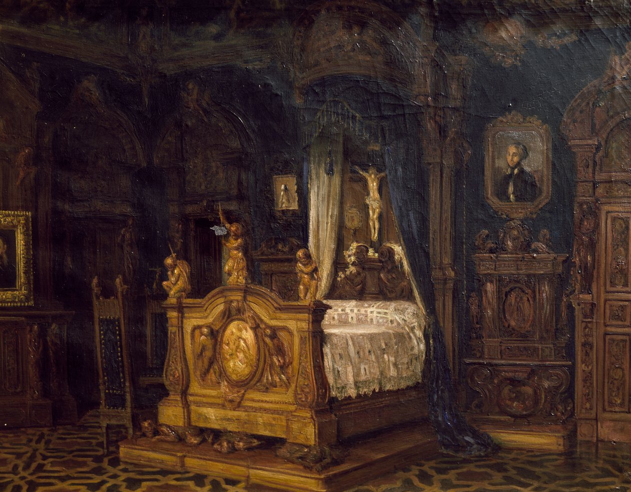 Interiør i soverommet til adelsmannen Gian Giacomo Poldi Pezzoli, ca 1860 av Luigi Bisi