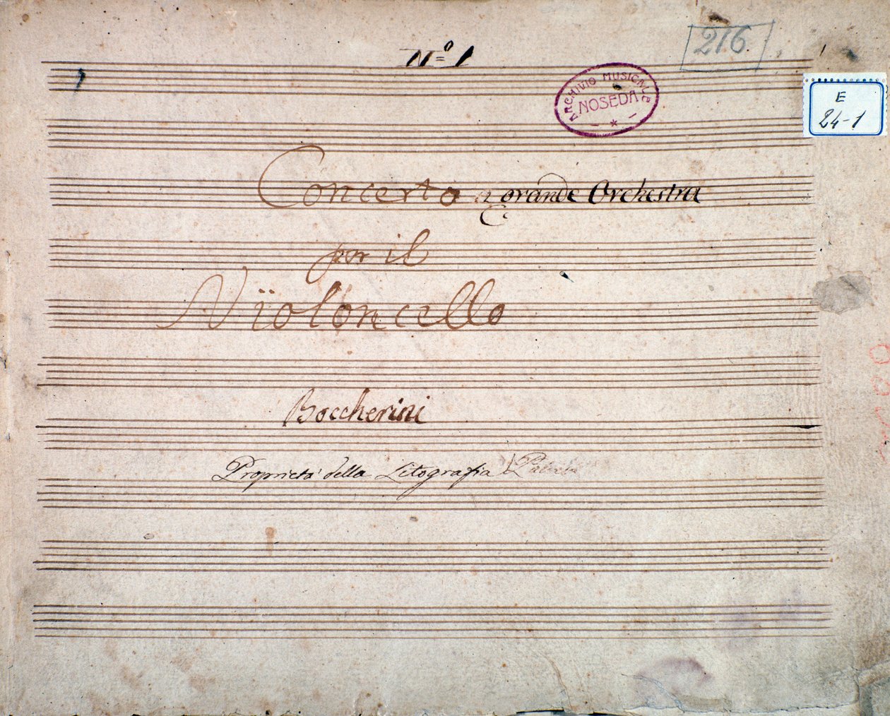 Første side signert av forfatteren av partituret til Concerto for cello og orkester i E flat, av Luigi Boccherini av Luigi Boccherini
