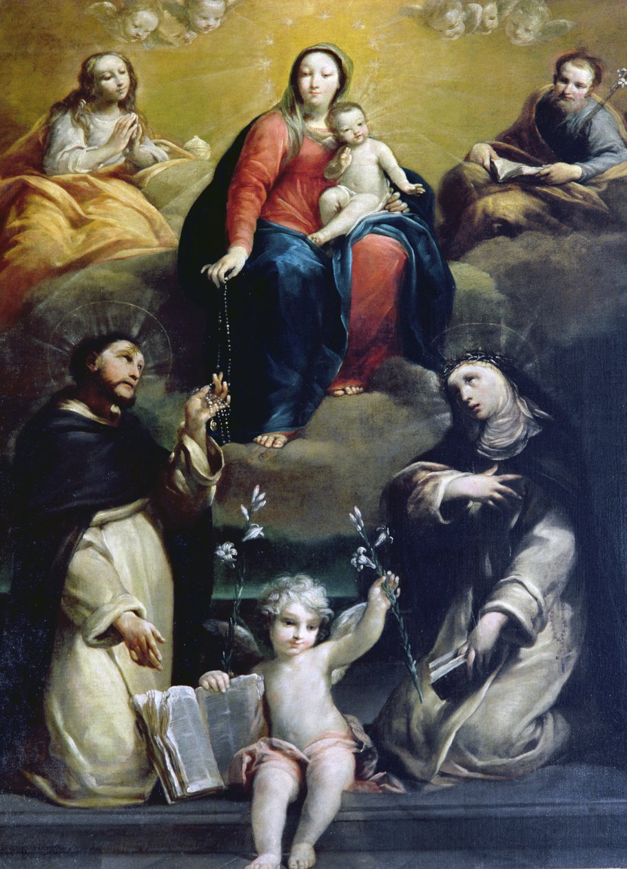 Rosenkransens Madonna med SS Dominic, Catherine, Mary Magdalene og Joseph, 1732 av Luigi Crespi